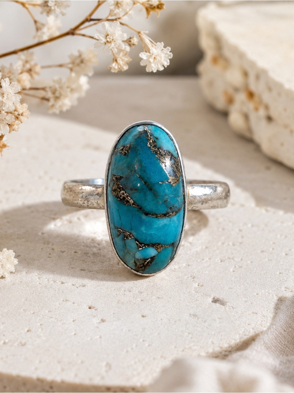 Sterling Silver Turquoise Oval Ring - Blue Stone